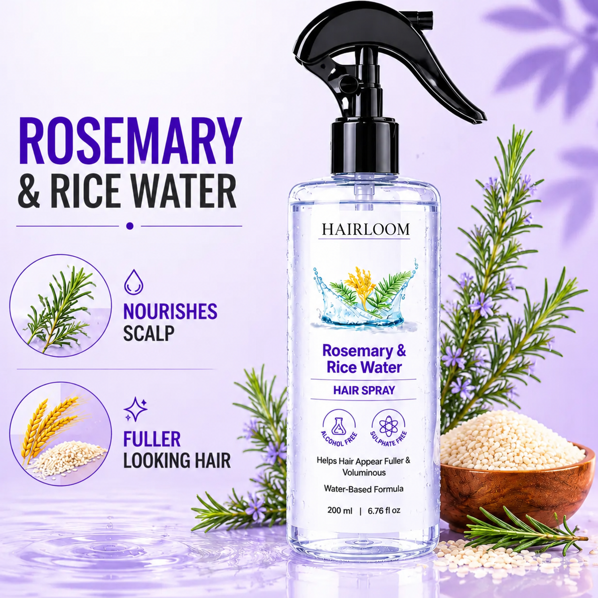 A bottle of Hairloom Rosemary & Rice Water Hair Spray is shown against a lavender background with decorative rosemary sprigs, rice grains, and text highlighting benefits for scalp nourishment and fuller-looking hair.
